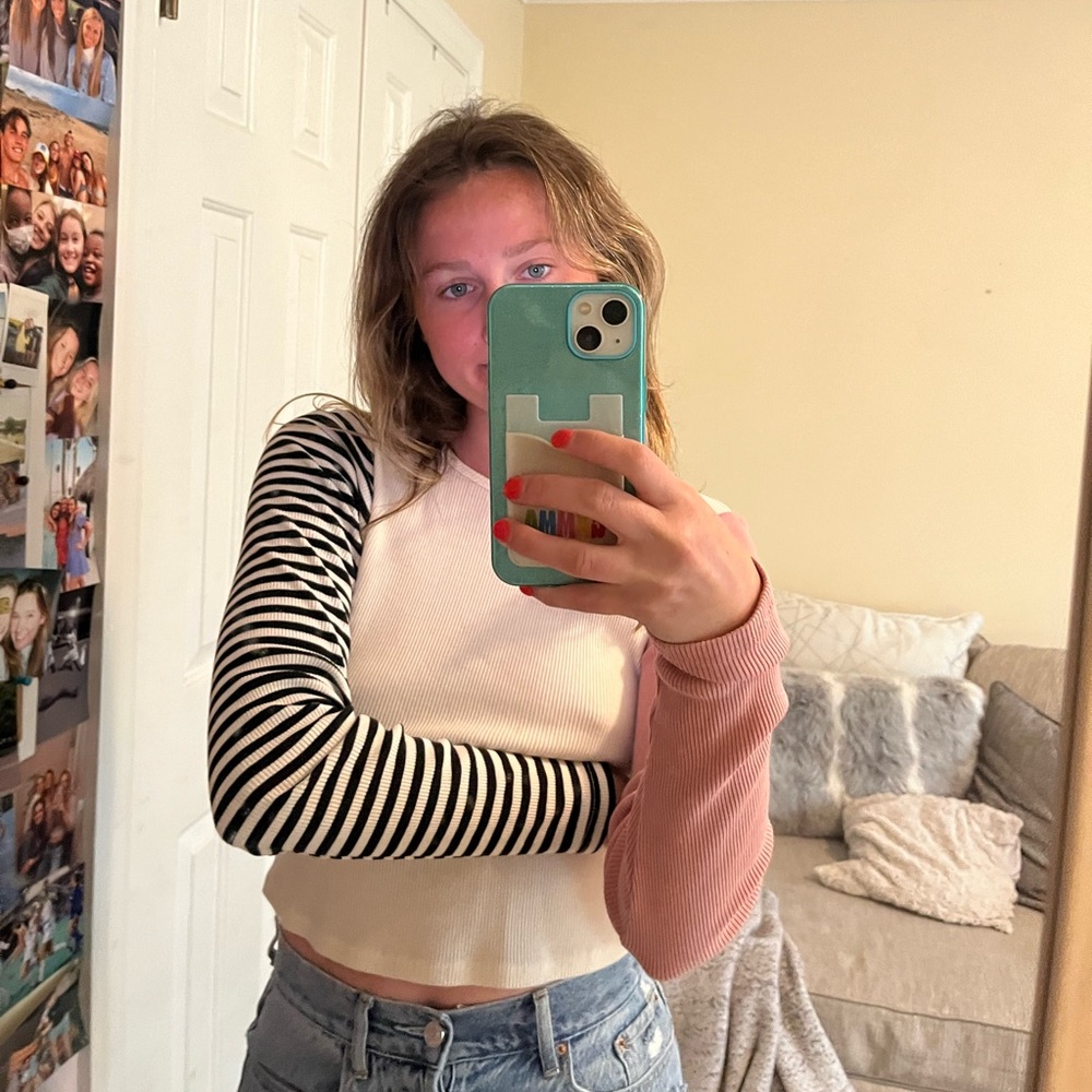 Urban Outfitters Pink and Black Striped Sleeve Top